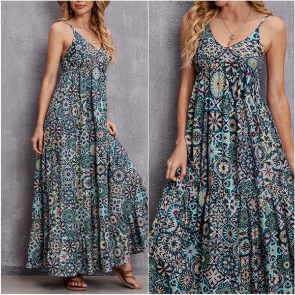 Boho Green Floral Print Ruffle Cami Maxi Dress Cottagecore - Picture 3 of 3